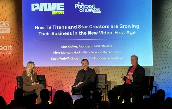 Piers Morgan and Max Cutler and Kaya Yurieff at The Podcast Show in London 2026